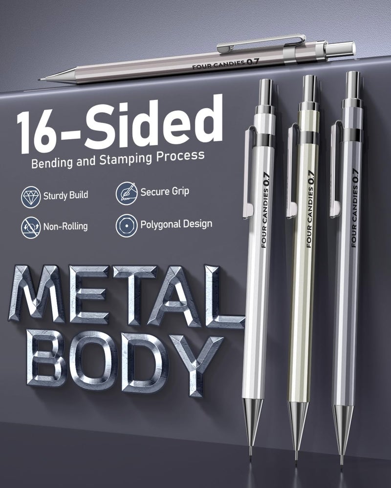 Four Candies 8PCS Metal Mechanical Pencils - 0.5 & 0.7mm with 8 Tubes HB #2 Lead Refills, Eraser Set and Eraser Refills, 20-Count Pack with Case, Lead Pencils Mechanical for Writing, Drawing, Drafting - Image 3